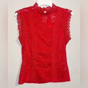 A'gaci Red Lace Mock Neck Sleeveless Top NWT